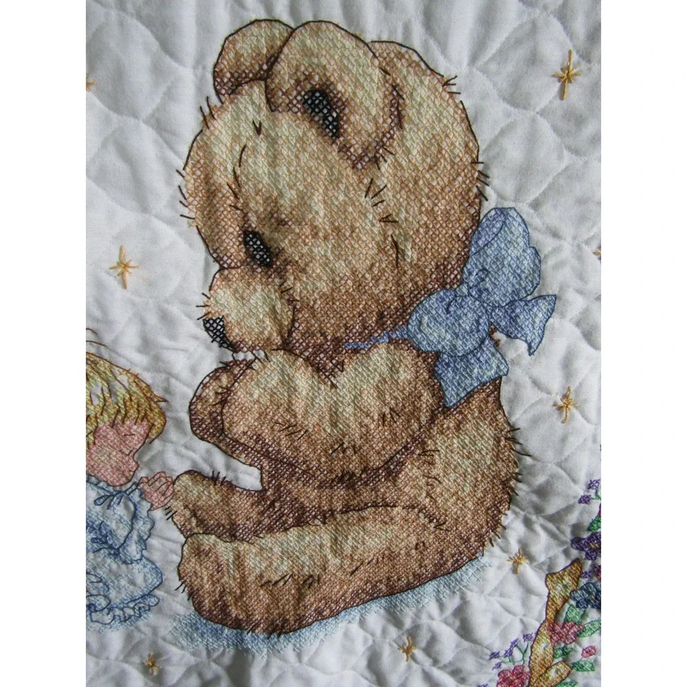 Vintage‎ Quilted Baby Blanket Now I Lay Me Down To Sleep Teddy Bear Angel White